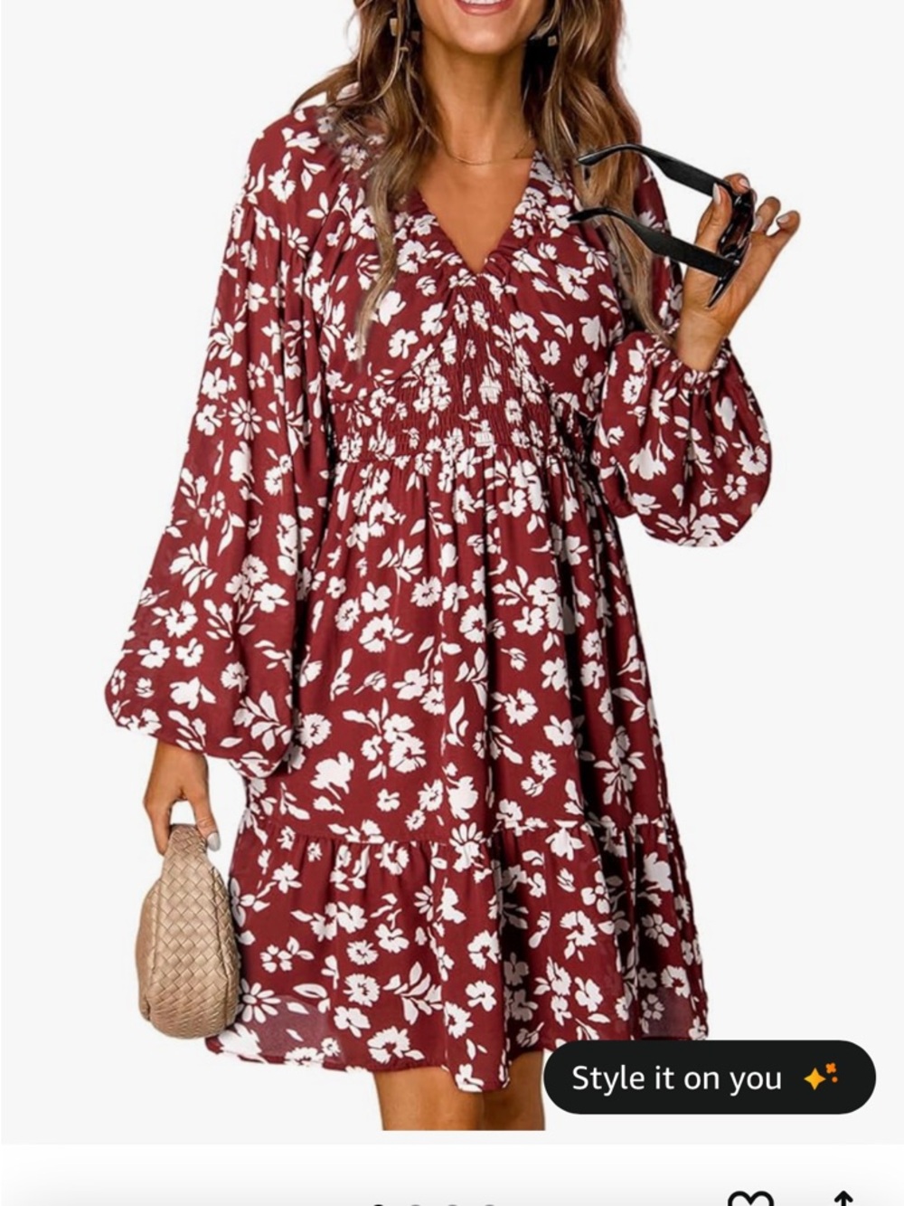 Floral V-Neck Smocked Waist Dress - Burgundy